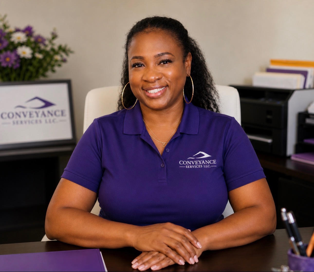Soshanna Wilson, Founder & Owner of Conveyance Services LLC, wearing the official purple company polo shirt